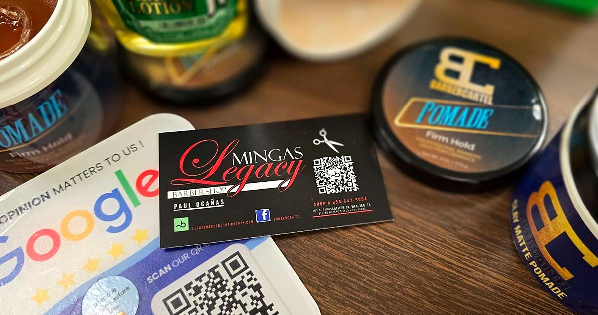 Minga's Legacy business card with pomades