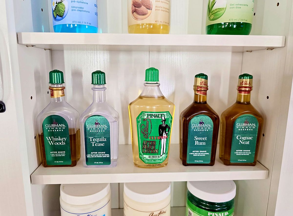 Clubman Pinaud after shave tonics on the shelf